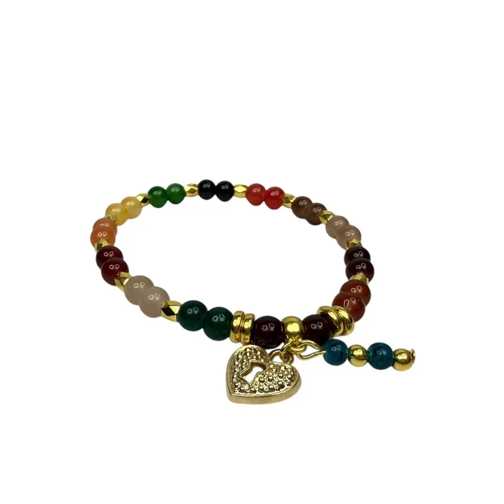 Boho Colorful Glass Gemstone Heart Charm Bracelet Gold Tone Stretch Band Wrist 7